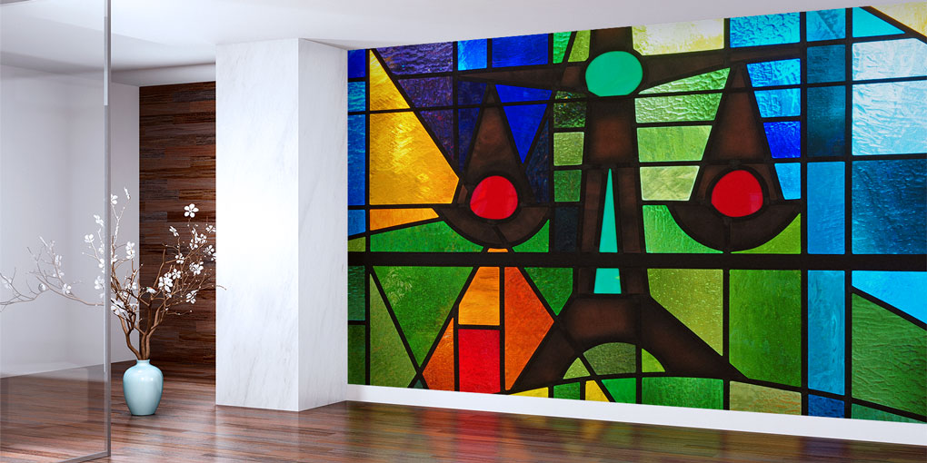 Renkli Vitray Tasarımlı Hukuk Duvar Kağıdı – Adalet Terazisi Figürü 5288