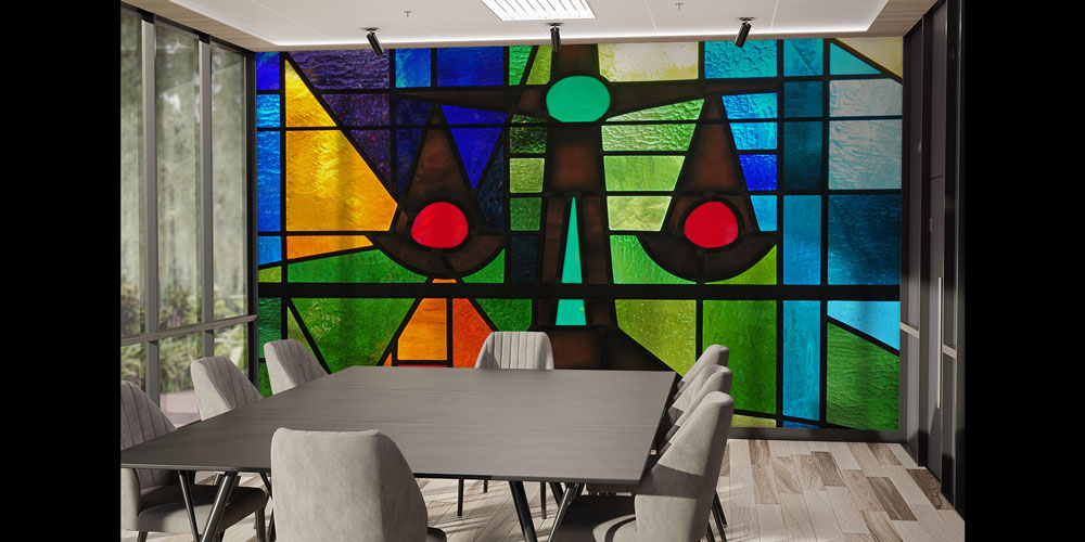 Renkli Vitray Tasarımlı Hukuk Duvar Kağıdı – Adalet Terazisi Figürü 5288