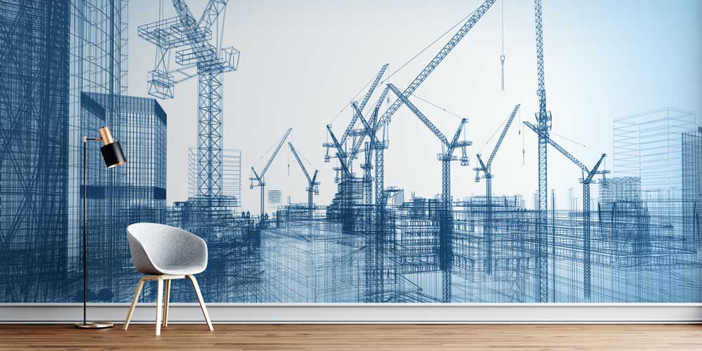 Mavi Çizim Vinç ve İnşaat Sahası Tasarımlı Duvar Kağıdı 5566