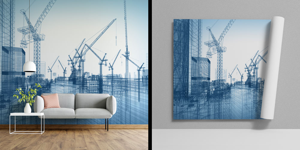 Mavi Çizim Vinç ve İnşaat Sahası Tasarımlı Duvar Kağıdı 5566