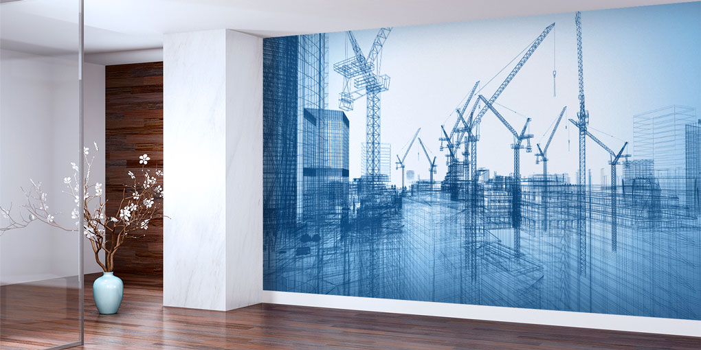 Mavi Çizim Vinç ve İnşaat Sahası Tasarımlı Duvar Kağıdı 5566