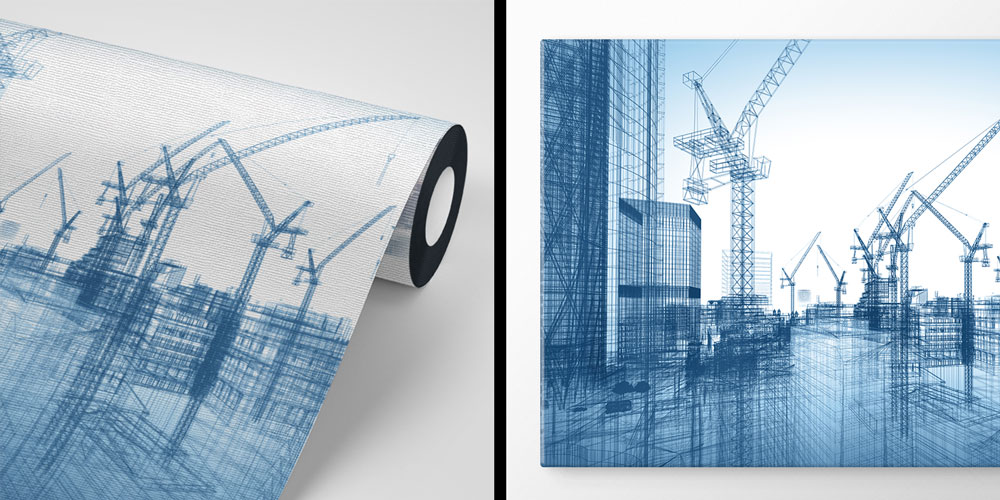 Mavi Çizim Vinç ve İnşaat Sahası Tasarımlı Duvar Kağıdı 5566