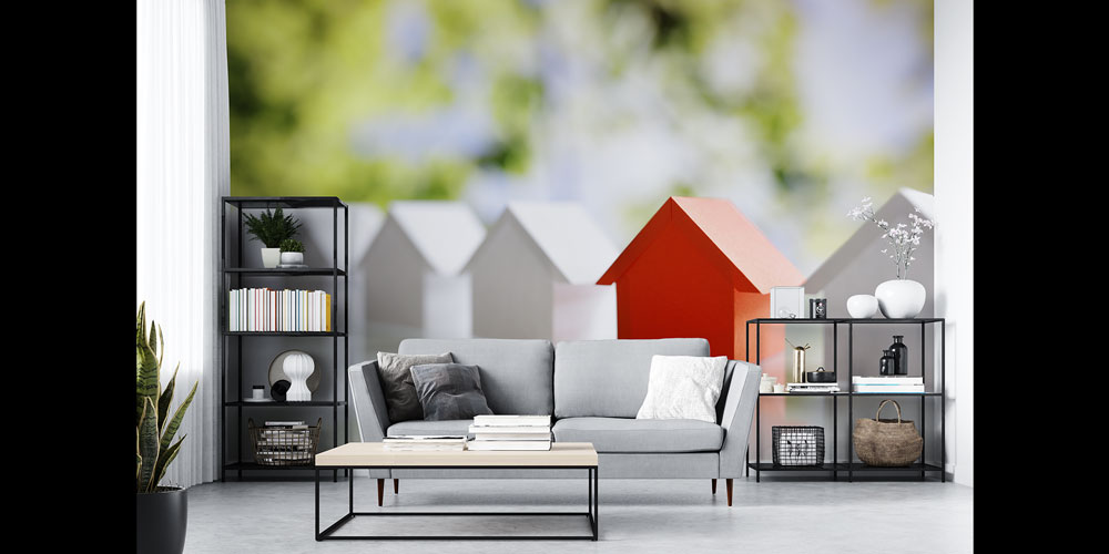 Kırmızı Ev Figürlü Modern Duvar Kağıdı 5567