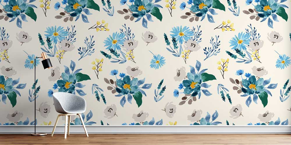 Mavi Tonlu Suluboya Çiçek Desenli Botanik Duvar Kağıdı 4271