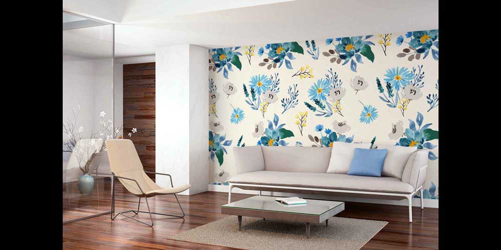 Mavi Tonlu Suluboya Çiçek Desenli Botanik Duvar Kağıdı 4271
