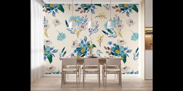 Mavi Tonlu Suluboya Çiçek Desenli Botanik Duvar Kağıdı 4271