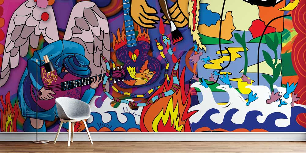 Müzik ve Melek Temalı Renkli Grafiti Duvar Kağıdı 5007