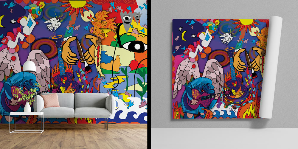 Müzik ve Melek Temalı Renkli Grafiti Duvar Kağıdı 5007