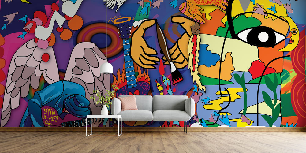 Müzik ve Melek Temalı Renkli Grafiti Duvar Kağıdı 5007