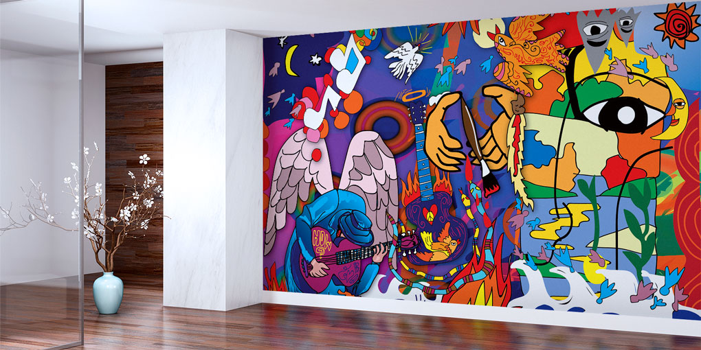 Müzik ve Melek Temalı Renkli Grafiti Duvar Kağıdı 5007