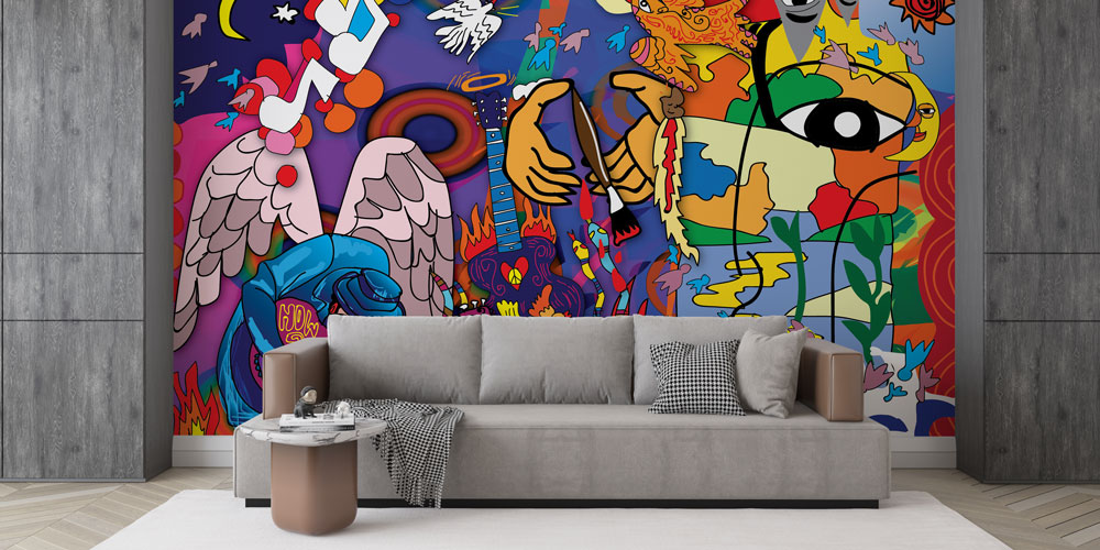 Müzik ve Melek Temalı Renkli Grafiti Duvar Kağıdı 5007