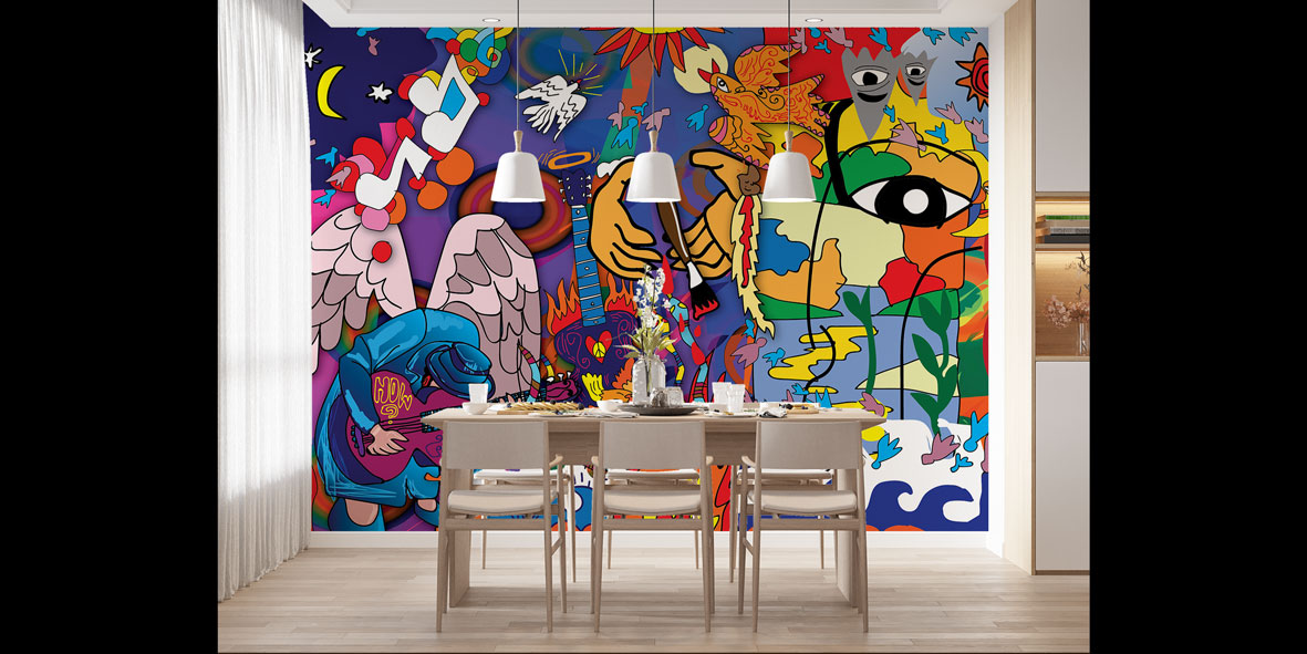 Müzik ve Melek Temalı Renkli Grafiti Duvar Kağıdı 5007