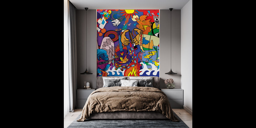 Müzik ve Melek Temalı Renkli Grafiti Duvar Kağıdı 5007