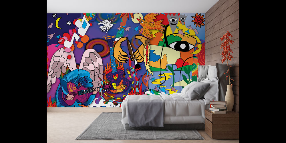 Müzik ve Melek Temalı Renkli Grafiti Duvar Kağıdı 5007