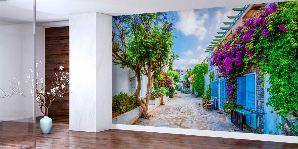 duvar-kagidi-dekorasyonu-11513-01 Çiçekli Akdeniz Sokağı Manzaralı Duvar Kağıdı 11513