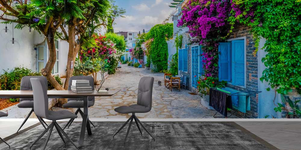 duvar-kagidi-dekorasyonu-11513-02 Çiçekli Akdeniz Sokağı Manzaralı Duvar Kağıdı 11513