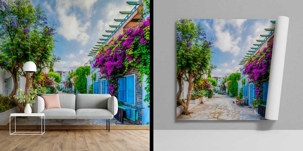 duvar-kagidi-dekorasyonu-11513-04 Çiçekli Akdeniz Sokağı Manzaralı Duvar Kağıdı 11513