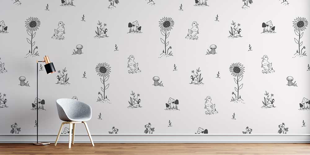 Sevimli Civciv ve Çiçek Desenli Çizim Duvar Kağıdı 4724