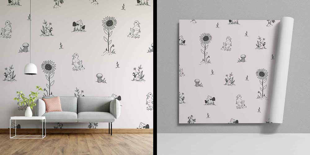 Sevimli Civciv ve Çiçek Desenli Çizim Duvar Kağıdı 4724