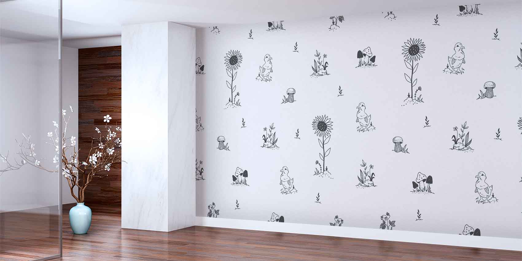 Sevimli Civciv ve Çiçek Desenli Çizim Duvar Kağıdı 4724