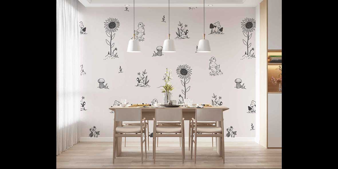 Sevimli Civciv ve Çiçek Desenli Çizim Duvar Kağıdı 4724