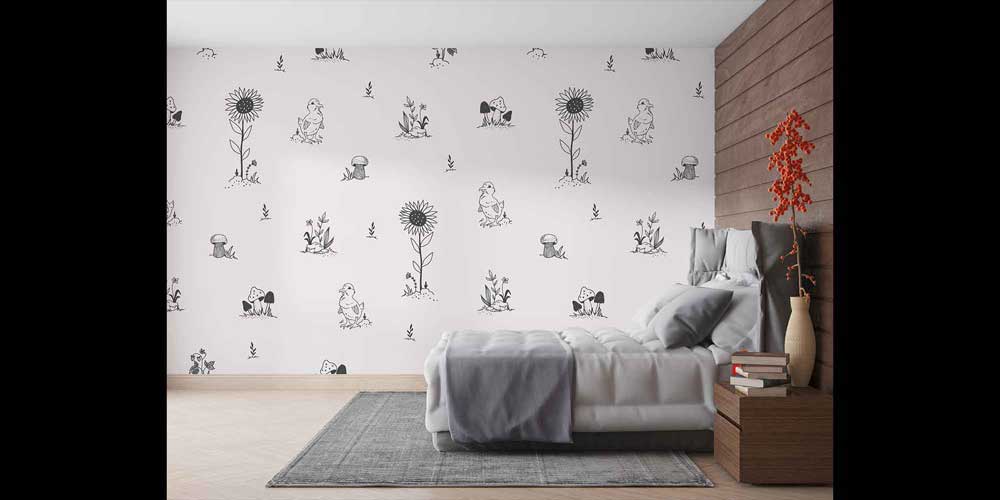 Sevimli Civciv ve Çiçek Desenli Çizim Duvar Kağıdı 4724