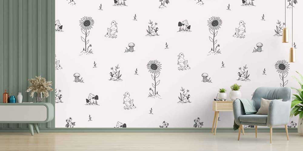 Sevimli Civciv ve Çiçek Desenli Çizim Duvar Kağıdı 4724