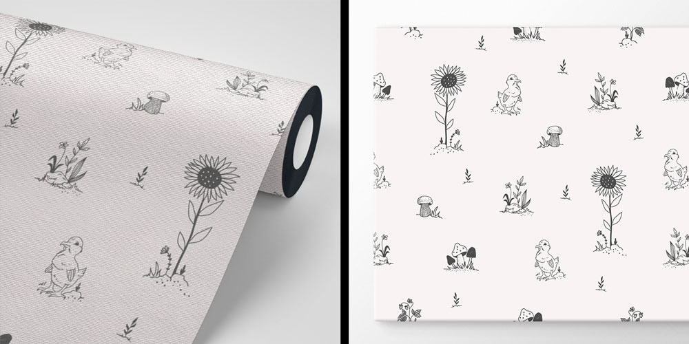 Sevimli Civciv ve Çiçek Desenli Çizim Duvar Kağıdı 4724