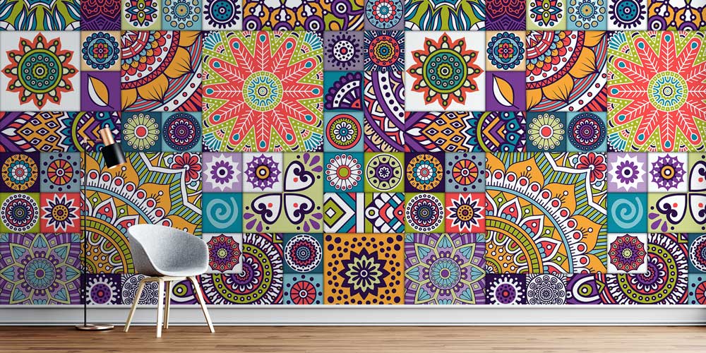 Renkli Etnik Desenli Patchwork Duvar Kağıdı 4246