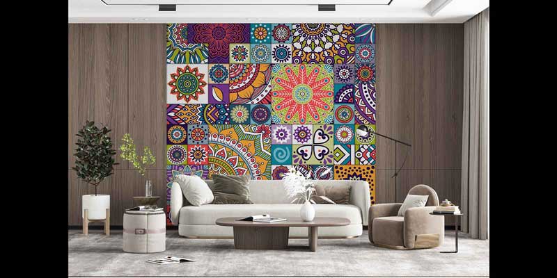 Renkli Etnik Desenli Patchwork Duvar Kağıdı 4246