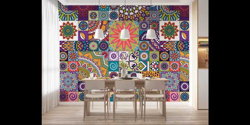 Renkli Etnik Desenli Patchwork Duvar Kağıdı 4246