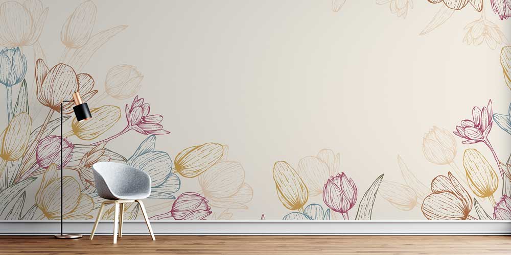 Çizgisel Çiçek İllüstrasyonlu Minimal Botanik Duvar Kağıdı 4245