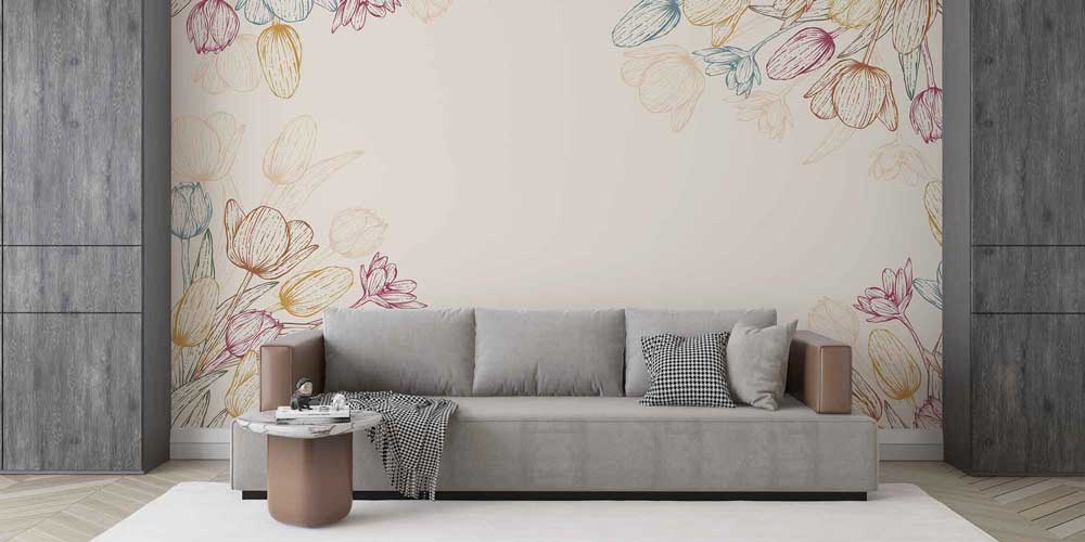 Çizgisel Çiçek İllüstrasyonlu Minimal Botanik Duvar Kağıdı 4245