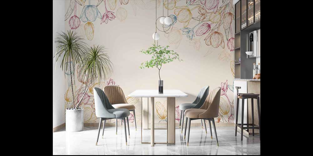 Çizgisel Çiçek İllüstrasyonlu Minimal Botanik Duvar Kağıdı 4245