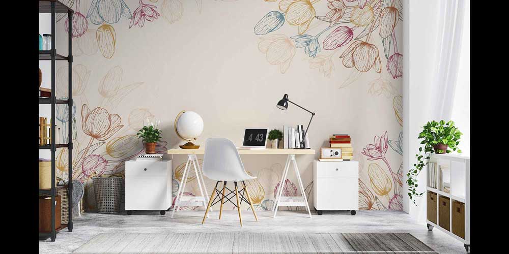 Çizgisel Çiçek İllüstrasyonlu Minimal Botanik Duvar Kağıdı 4245