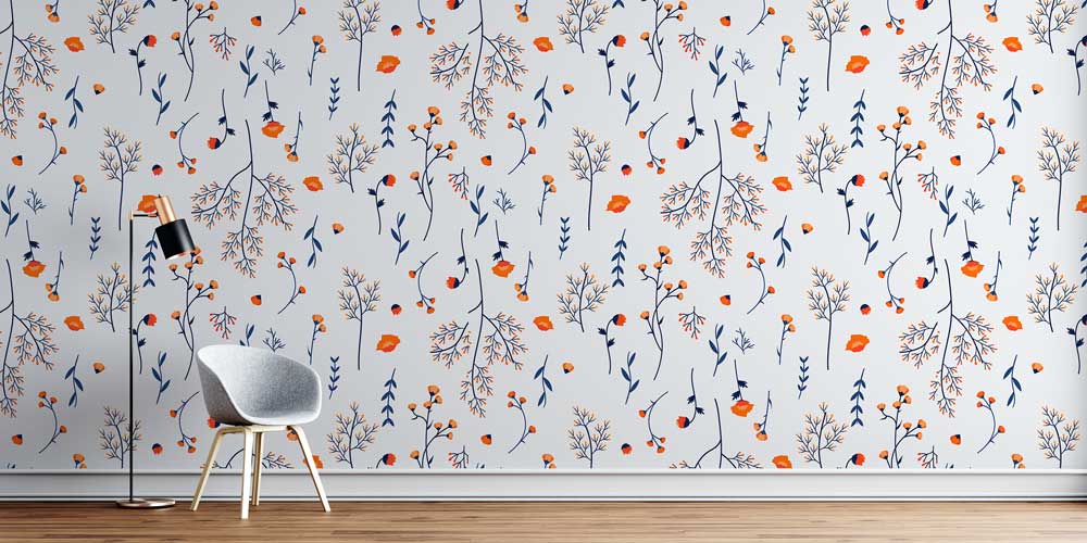 İnce Dal ve Çiçek Desenli Modern Botanik Duvar Kağıdı 4251