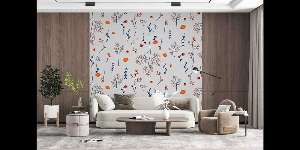 İnce Dal ve Çiçek Desenli Modern Botanik Duvar Kağıdı 4251