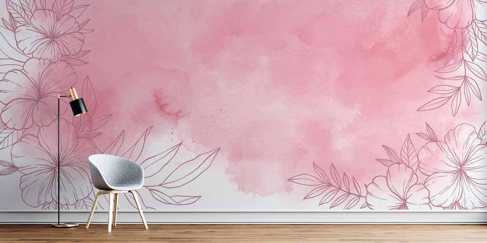 Romantik Pembe Sulu Boya Çiçek Desenli Botanik Duvar Kağıdı 4268