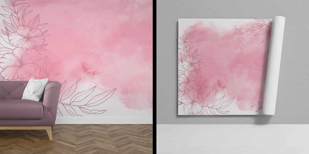 Romantik Pembe Sulu Boya Çiçek Desenli Botanik Duvar Kağıdı 4268