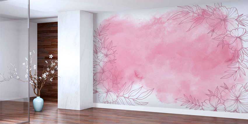 Romantik Pembe Sulu Boya Çiçek Desenli Botanik Duvar Kağıdı 4268