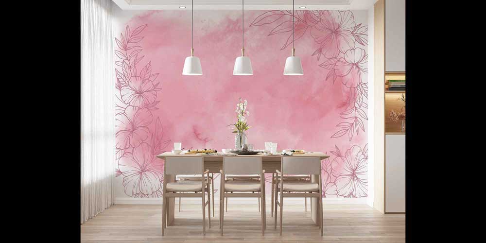 Romantik Pembe Sulu Boya Çiçek Desenli Botanik Duvar Kağıdı 4268