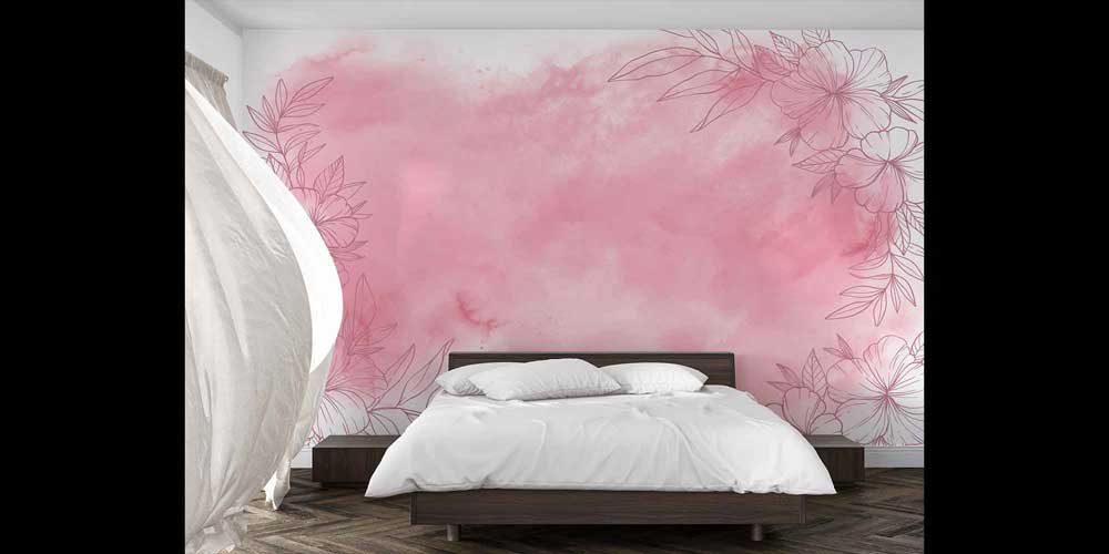 Romantik Pembe Sulu Boya Çiçek Desenli Botanik Duvar Kağıdı 4268