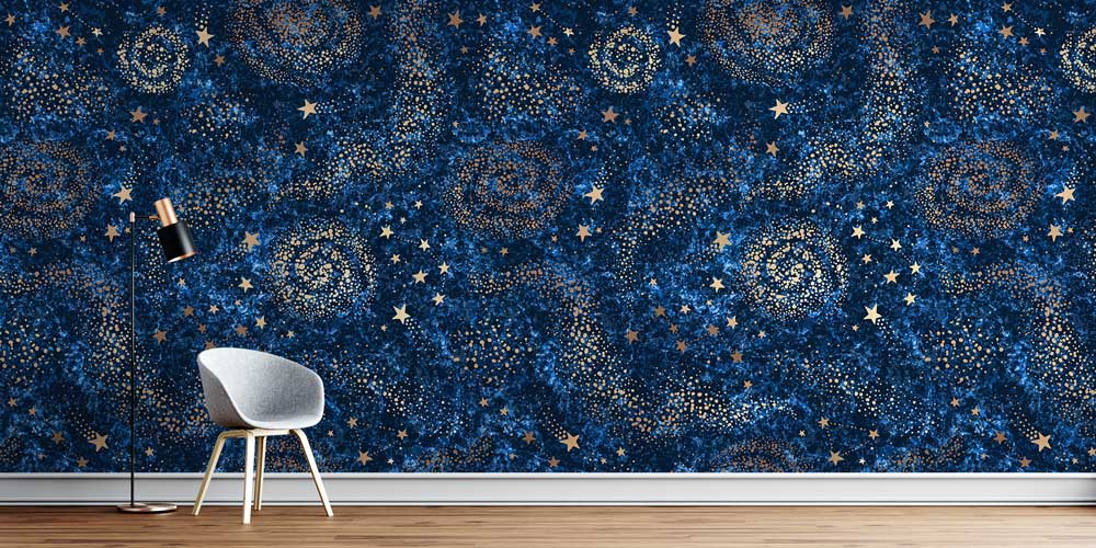 Lacivert Galaksi ve Altın Yıldız Desenli Uzay Temalı Duvar Kağıdı 4336