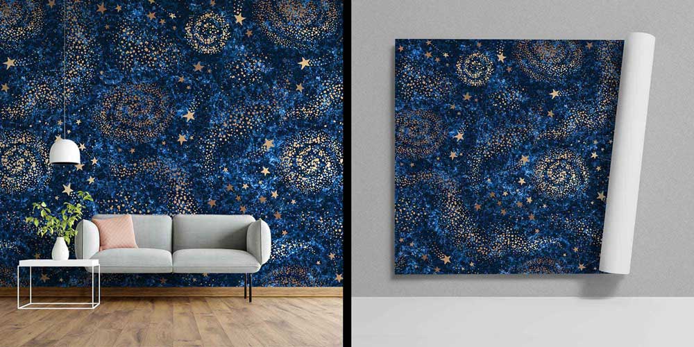 Lacivert Galaksi ve Altın Yıldız Desenli Uzay Temalı Duvar Kağıdı 4336