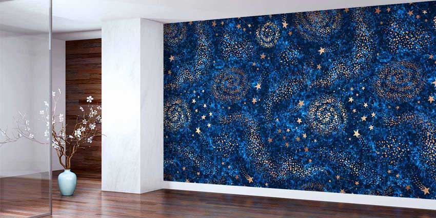 Lacivert Galaksi ve Altın Yıldız Desenli Uzay Temalı Duvar Kağıdı 4336