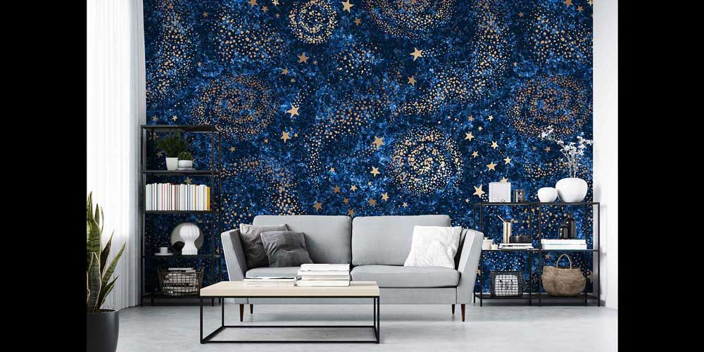 Lacivert Galaksi ve Altın Yıldız Desenli Uzay Temalı Duvar Kağıdı 4336