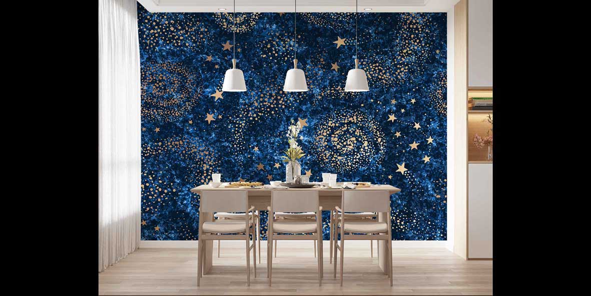 Lacivert Galaksi ve Altın Yıldız Desenli Uzay Temalı Duvar Kağıdı 4336