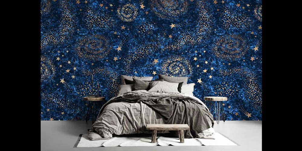 Lacivert Galaksi ve Altın Yıldız Desenli Uzay Temalı Duvar Kağıdı 4336
