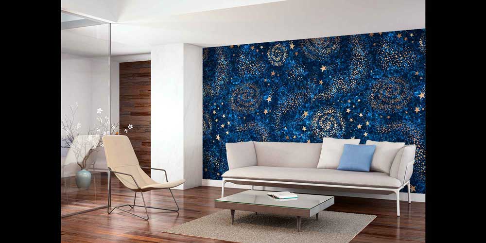 Lacivert Galaksi ve Altın Yıldız Desenli Uzay Temalı Duvar Kağıdı 4336