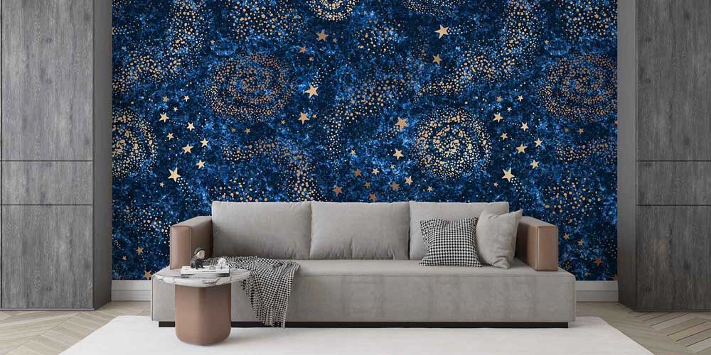 Lacivert Galaksi ve Altın Yıldız Desenli Uzay Temalı Duvar Kağıdı 4336